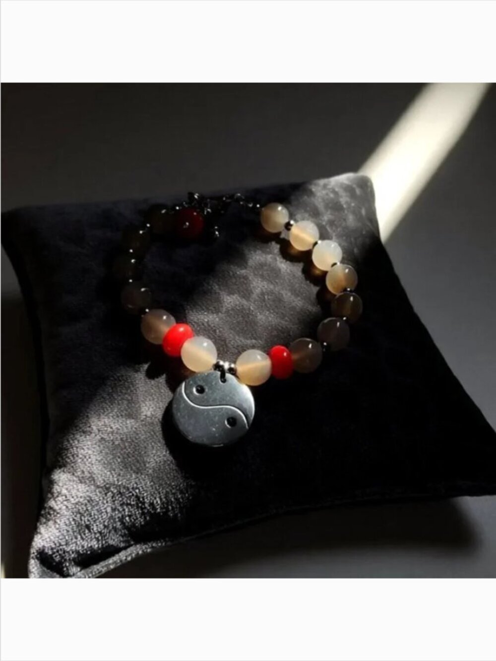 Dark Moon Agate & Hematite Yin Yang Amulet Bracelet | Witchy Goth Protection